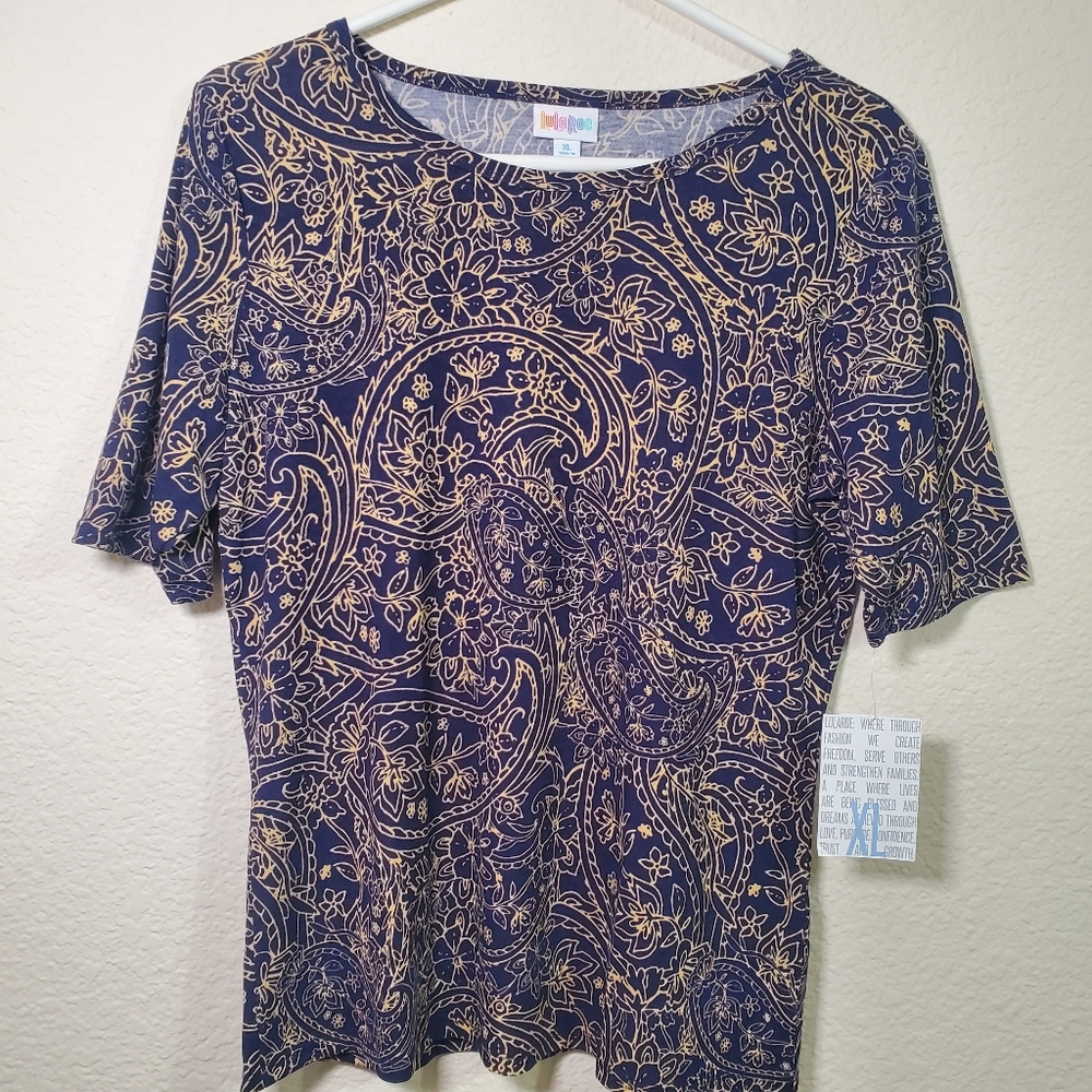 Lularoe NWT Blue Gold Short Sleeve Plus Size Womens Shirt XL